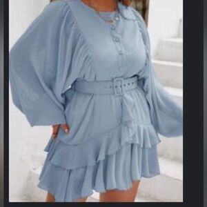 Simplee Plus Lantern Sleeve Ruffle Hem Belted Dress